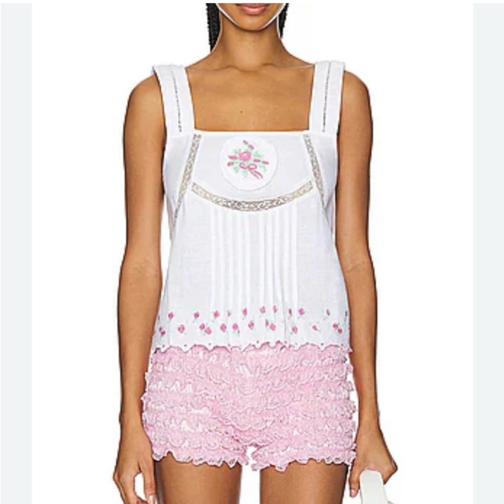 Damson Madder 'Nancy' white pintuck tank top w/ lace insets & floral embroidery